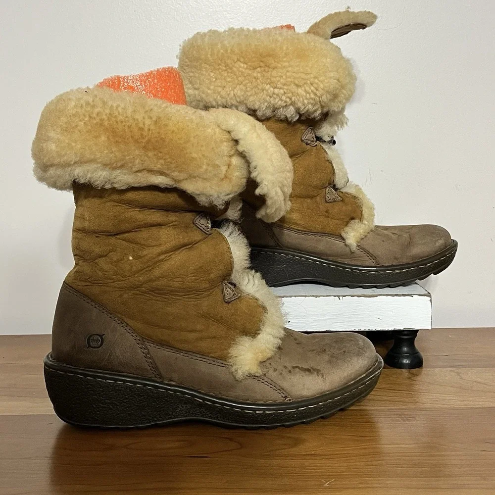 Born Telly Leather Suede Shearling Winter Boots Size 9 40.5 Toggle Closure